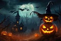 Spooky Night Halloween background. Scary devil pumpkin and flying bats