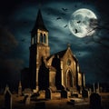 Spooky Halloween scene with abandoned old church, bats and cemetery