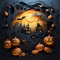 Spooky night halloween town. Pumpkins with glowing eyes Royalty Free Stock Photo