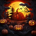 Spooky night halloween town. Pumpkins with glowing eyes Royalty Free Stock Photo