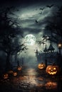 Spooky night halloween town. Pumpkins with glowing eyes Royalty Free Stock Photo