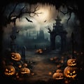 Spooky night halloween town. Pumpkins with glowing eyes Royalty Free Stock Photo