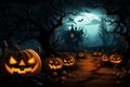 Spooky night halloween town. Pumpkins with glowing eyes Royalty Free Stock Photo