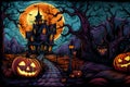 Spooky night halloween town. Pumpkins with glowing eyes Royalty Free Stock Photo