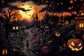 Spooky night halloween town. Pumpkins with glowing eyes Royalty Free Stock Photo