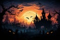 Spooky night illustration skeletons, witches, bats, graveyard in dark orange and indigo tones