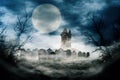 Spooky night scene background composition. Halloween composition design with scary dark forest, haunted house and graveyard. Myste