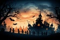 Spooky night scene skeletons, witches, bats, graveyard in dark orange and light indigo tones