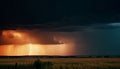 Spooky night, thunderstorm, dark sky, bolt, electricity, dramatic landscape generated by AI