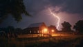 Spooky night, thunderstorm electrifies dark landscape, nature power unleashed generated by AI