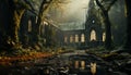 Spooky old chapel, Gothic style, autumn fog, ancient tombstone generated by AI Royalty Free Stock Photo