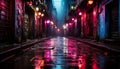 Spooky old city street, wet cobblestone, illuminated by neon generated by AI Royalty Free Stock Photo