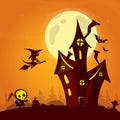 Spooky old ghost house with fool moon and flying witch. Halloween cardposter. Vector illustration Royalty Free Stock Photo