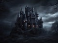 Spooky old gothic castle, Halloween castle in the forest at night, 3D rendering, Mysterious medieval castle on a rocky mountain