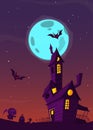 Spooky old haunted house with ghosts. Halloween cartoon background. Vector illustration. Royalty Free Stock Photo