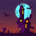 Spooky old haunted house with ghosts. Halloween cartoon background. Vector illustration. Royalty Free Stock Photo