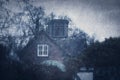 A spooky, old historic house in the countryside. On a bleak, moody winters day. With a grunge textured edit