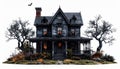 Spooky Old House with Bare Trees on Hill Against White Background Royalty Free Stock Photo