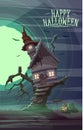 Spooky old house of witch on the tree. Happy Halloween cardposter