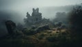 Spooky old ruin in foggy landscape mystery generated by AI