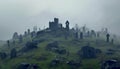 Spooky old ruin, mystery of ancient tombstone in foggy landscape generated by AI