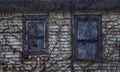 Spooky old windows overgrown with dead vines