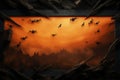 Spooky orange backdrop for Halloween party invites with clouds, bats