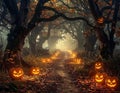 Spooky path with glowing jackolanterns in a misty autumn forest Royalty Free Stock Photo