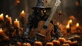 A spooky person in a garment holding a guitar in halloween night