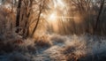 Spooky pine tree stands in snowy forest during blizzard weather generated by AI