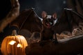 Spooky portrait of a bat in a Halloween setup in studio, dramatic lighting. Created with generative AI