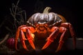 Spooky portrait of a crab in a Halloween setup in studio, dramatic lighting. Created with generative AI