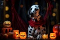 Spooky portrait of a Dalmatian (dog) in a Halloween setup in studio, dramatic lighting. Created with generative AI