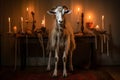 Spooky portrait of an evil goat in a Halloween setup in studio, dramatic lighting. Created with generative AI