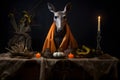 Spooky portrait of a kangaroo in a Halloween setup in studio, dramatic lighting. Created with generative AI