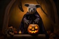 Spooky portrait of a koala in a Halloween setup in studio, dramatic lighting. Created with generative AI