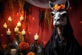 Spooky portrait of a llama in a Halloween setup in studio, dramatic lighting. Created with generative AI