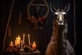 Spooky portrait of a llama in a Halloween setup in studio, dramatic lighting. Created with generative AI