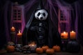 Spooky portrait of a panda in a Halloween setup in studio, dramatic lighting. Created with generative AI