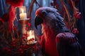 Spooky portrait of a parrot in a Halloween setup in studio, dramatic lighting. Created with generative AI