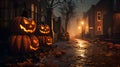 A spooky pumpkin display in front of a haunted house, setting the Halloween mood, Generative AI, AI Generate