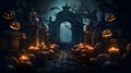 A spooky pumpkin display in front of a haunted house, setting the Halloween mood, Generative AI, AI Generated