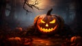 Spooky pumpkin in the woods, its painted face glowing in the night. Halloween scene - generative AI Royalty Free Stock Photo