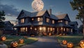 Spooky Pumpkins at the Evil House Under the Full Moon Royalty Free Stock Photo