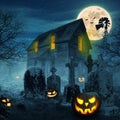 Spooky pumpkins with full moon, dark forest, cemetery and scary old house with light. Happy Halloween design background. Royalty Free Stock Photo