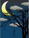 Spooky Quarter Moon bare tree hanging noose Royalty Free Stock Photo