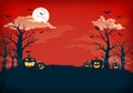 Spooky red and dark blue night background with full moon, clouds, bare trees, bats and pumpkins. Royalty Free Stock Photo