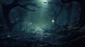 Spooky road, rain and dark trees in scary forest at Halloween night