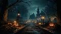 Spooky road with scary pumpkins in haunted town on Halloween night Royalty Free Stock Photo