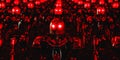 Spooky robots with glowing red neon eyes. Robots have turned against humans. 3d render